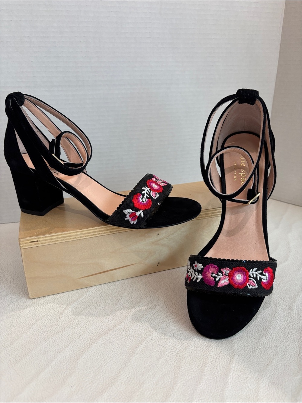 kate spade Black Suede Embroidered Ankle-Tie Block Heels